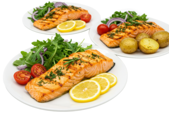 Four perfectly grilled salmon fillets with herbs, lemon, roasted potatoes, arugula, red onions, cherry tomatoes on white studio background, top-down view, gourmet healthy dining concept