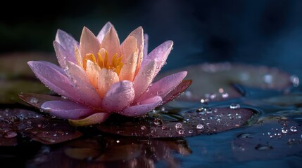 A pink flower is sitting on a pond. The water is calm and the flower is surrounded by droplets of water. Concept of tranquility and serenity