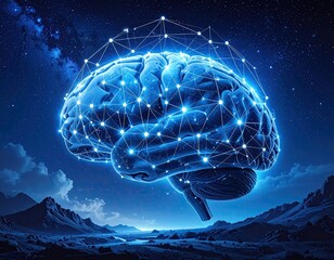 Glowing digital brain above a mountainous landscape against a starry night sky