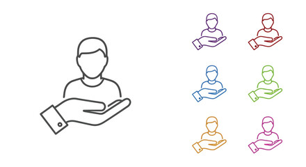 Customer care icon with person outline and hand offering support isolated