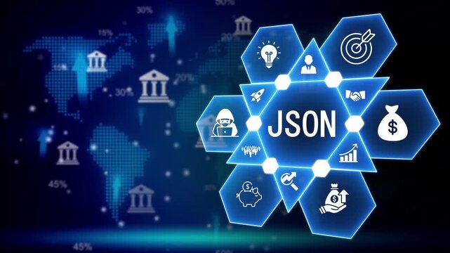 JSON technology concept with global data map and financial icons Keywords: JSON, Java Script Object Notation, data, technology, programming, coding, web development, software, information