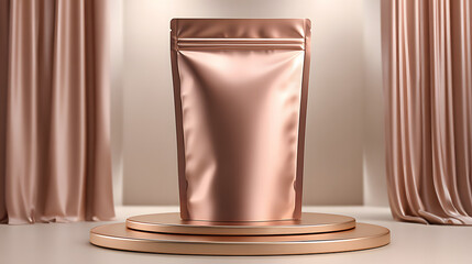 Rose gold stand up pouch mockup centered on a double-tiered circular podium with draped curtains on a soft pastel background