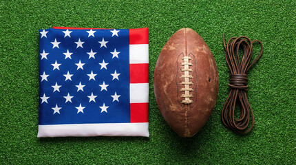 USA flag flatlay with a football and laces on green turf background