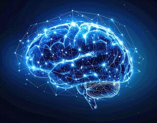 Illuminated blue brain illustration with interconnected nodes and a subtle dark background