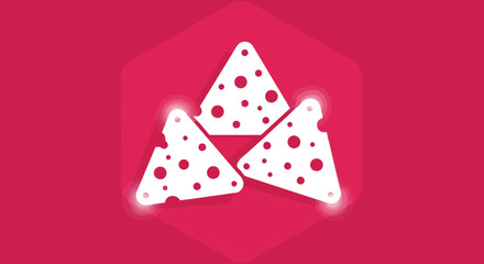 Three stylized white cheese wedge icons on a vibrant magenta hexagonal background