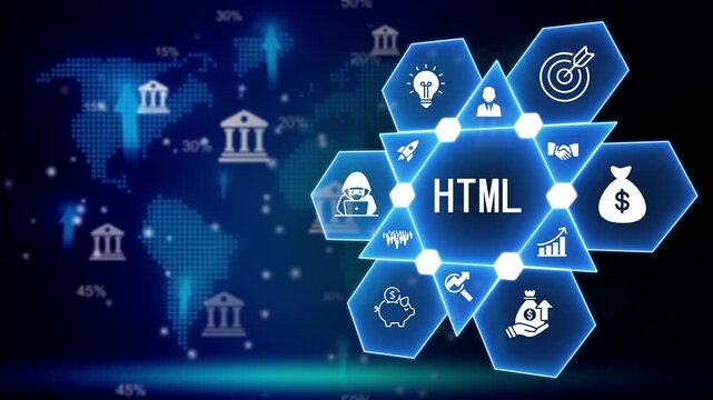 HTML technology concept with global data map and financial icons Keywords: HTML, Hypertext Markup Language, web development, programming, coding, software, technology, data, information