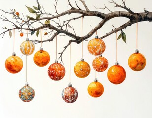 Watercolor depiction of festive hanging ornaments resembling oranges from a bare tree branch