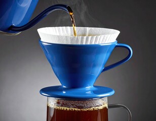 Pouring hot brown liquid from a blue kettle into a dripper with a white filter over a glass