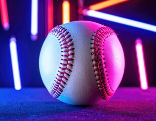 Close-up of baseball with red stitching against a dark background, illuminated by neon lights