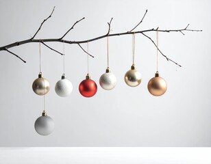 Various-colored ornaments hanging from a bare branch against a white backdrop
