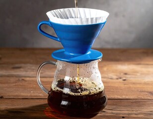 Freshly brewed coffee in a glass carafe, with a blue ceramic pour-over device