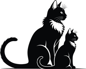 Elegant, black, cat, silhouettes, featuring, adult, and, kitten, in, detailed, sitting, pose, artistic, feline, design, isolated, vector, illustration