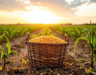 A rustic basket overflowing with corn kernels set against a vast field during sunset