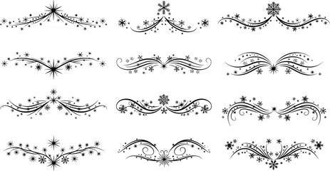 Elegant winter decorative dividers with snowflakes, swirl ornaments and festive borders, holiday embellishment design elements for seasonal artwork projects