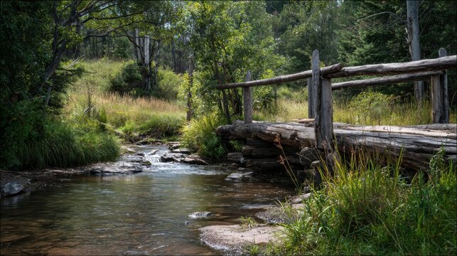 A rustic wooden bridge spans a gentle creek surrounded by lush greenery and tall grasses. Sunlight filters through the trees creating a calm peaceful atmosphere. - Powered by Adobe