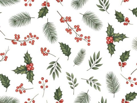 Seamless watercolor pattern of winter holiday foliage including holly berries, pine branch, and various green leaf sprigs on a white background - Powered by Adobe