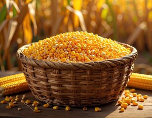 A rustic basket brimming with bright yellow corn kernels, displayed in front of a cornfield