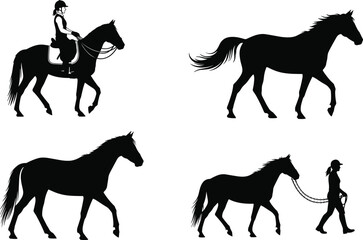 Silhouettes of horses and humans in riding and leading poses, minimal black illustration for equestrian design and education