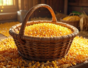A rustic basket brimming with golden kernels sits on a wooden surface, sunlight filtering in