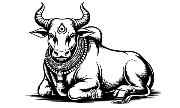 Sacred Nandi Bull Silhouette, Black and White Traditional Indian Mythology Vector, Vehicle of Lord Shiva with Third Eye and Adornments, Hinduism Symbol