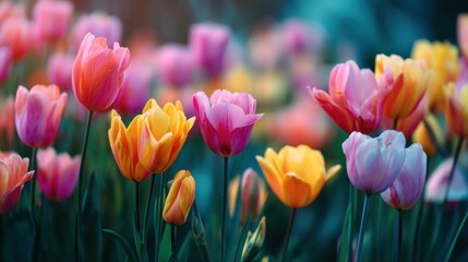 A field of flowers with a variety of colors including pink, orange, and yellow. The flowers are in full bloom and are arranged in a way that creates a sense of harmony and balance