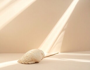 A single seashell rests on a plain surface, bathed in sunlight and shadow. Minimalism