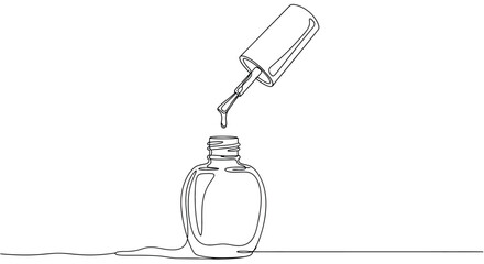 Minimalist single line drawing of a nail polish bottle with dropping polish and brush