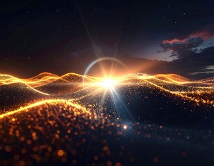 Glowing digital waves flow beneath an illuminating burst of light from the center with a star-filled sky