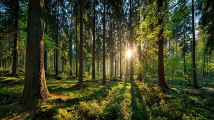 Obraz premium Soft sunlight breaks through the canopy of a lush green forest. The tall trees create a peaceful atmosphere with light casting gentle shadows on the forest floor.