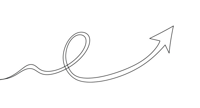 A single continuous black line forms a winding path that culminates in an upward pointing arrow