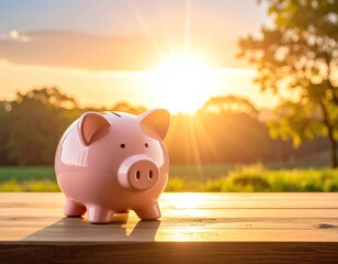 A pink piggy bank on a wooden surface with a bright sunny backdrop