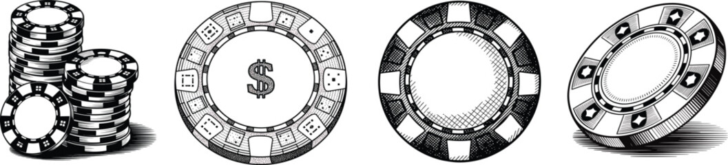 Fototapeta premium Black and White Engraved Poker Chips Illustration – Vintage Casino Gambling Design