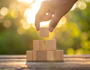 Hand placing a block on a stack with bokeh background. Sunny day, concept of growth
