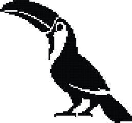 Fototapeta premium Black and white pixelated toucan silhouette bird animal, Pixel toucan retro tropical bird