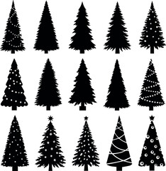 Obraz premium Christmas tree silhouette clipart set. Black Christmas tree drawing clip art collection in white background for xmas season pine tree flat icon decoration vector illustration.