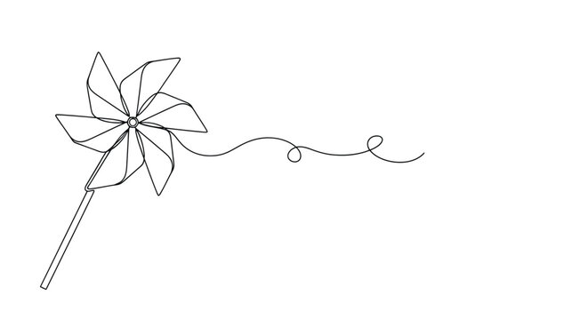 Minimalist single line drawing of a pinwheel toy with a whimsical curly ribbon trailing behind it