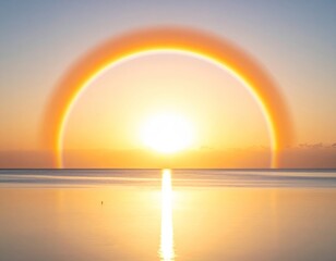 A serene sunrise over calm waters, with a vibrant, glowing rainbow arc