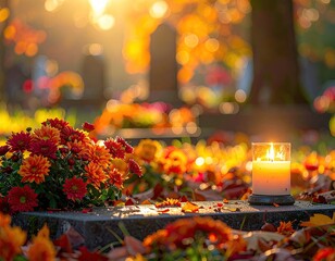 Sunny autumn cemetery scene with vibrant blooms, a lit candle, and falling leaves