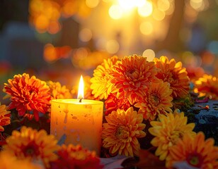 Glowing candle surrounded by vibrant orange flowers, warm light in bokeh background