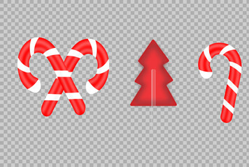 Christmas candy canes and a tree and a red lollipop on transparent background