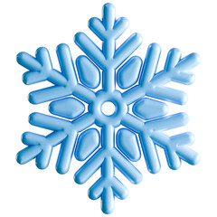 Perfectly symmetrical 3D rendered winter snowflake in a bright, glossy blue color and shape.