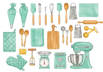 Vibrant watercolor illustration of essential teal and wooden kitchen and baking tools, neatly arranged flat lay on a transparent background with ample copy space, soft lighting. Concept of home