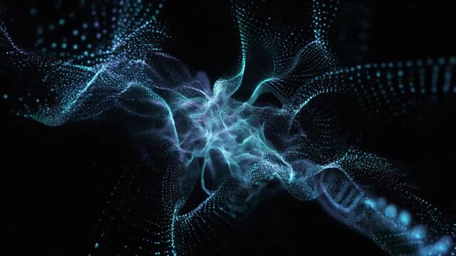 AI-Generated Video of Abstract digital particle wave in motion on black background. A computer-generated visualization of a dynamic particle wave rendered in blue tones against a black backdrop