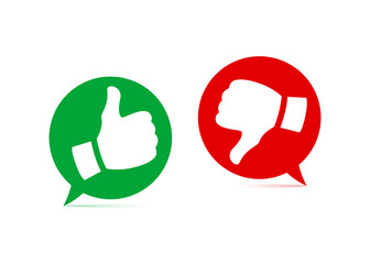 Flat thumbs up and thumbs down icons. Like and dislike, good or bad choice labels. Social media vote buttons with hand. Recommendation and feedback vector illustration.