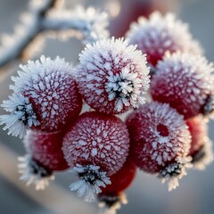 Frozen beauty of vibrant red rosehips covered in a stunning layer of sparkling hoarfrost