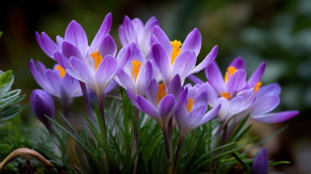 A bunch of purple and yellow flowers with a few yellow flowers in the middle. The flowers are in a garden and are surrounded by green leaves