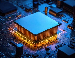 Close-up of a central processing unit (CPU) on a circuit board, with blue and gold hues