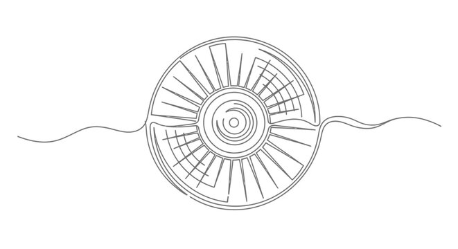 Abstract continuous line drawing of a stylized ammonite fossil with radiating lines and a swirling center