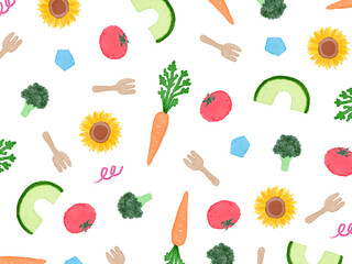白背景にカラフル手描き夏のイラストパターン。水彩のにんじんとトマトとアボカドとひまわり