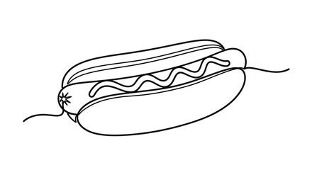 A simple black and white line drawing of a classic hot dog with a bun and wavy mustard topping